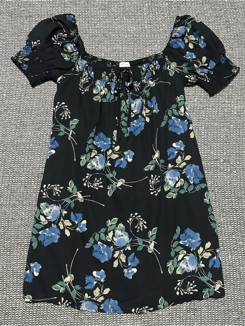 Blue Rain Black Floral Off-Shoulder Dress with Blue and Green Flowers